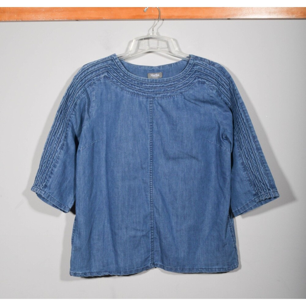 Martha Stewart Blue Denim Cotton 3/4 Sleeve Pullover Tunic Top Shirt Pocket Sz S